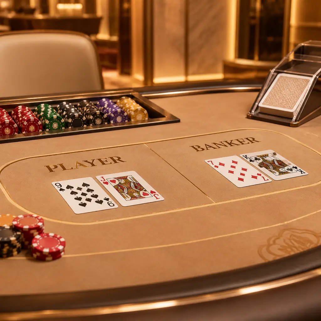 Dua susunan kartu dan shoe pada meja baccarat