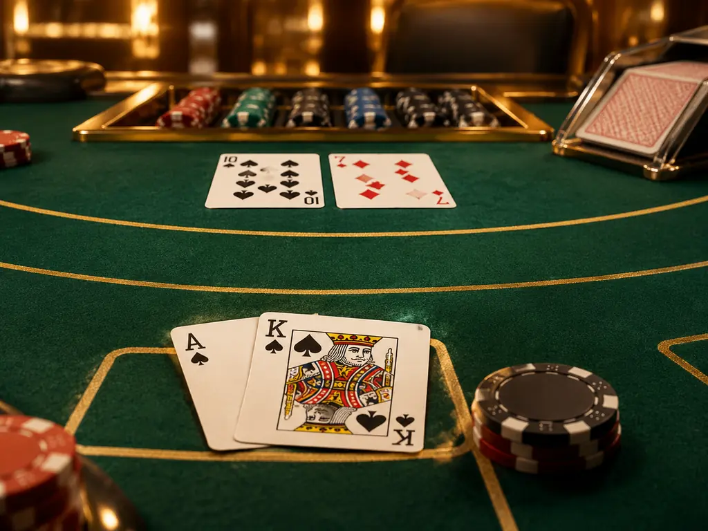 Kartu as dan king di meja blackjack dengan chip di samping