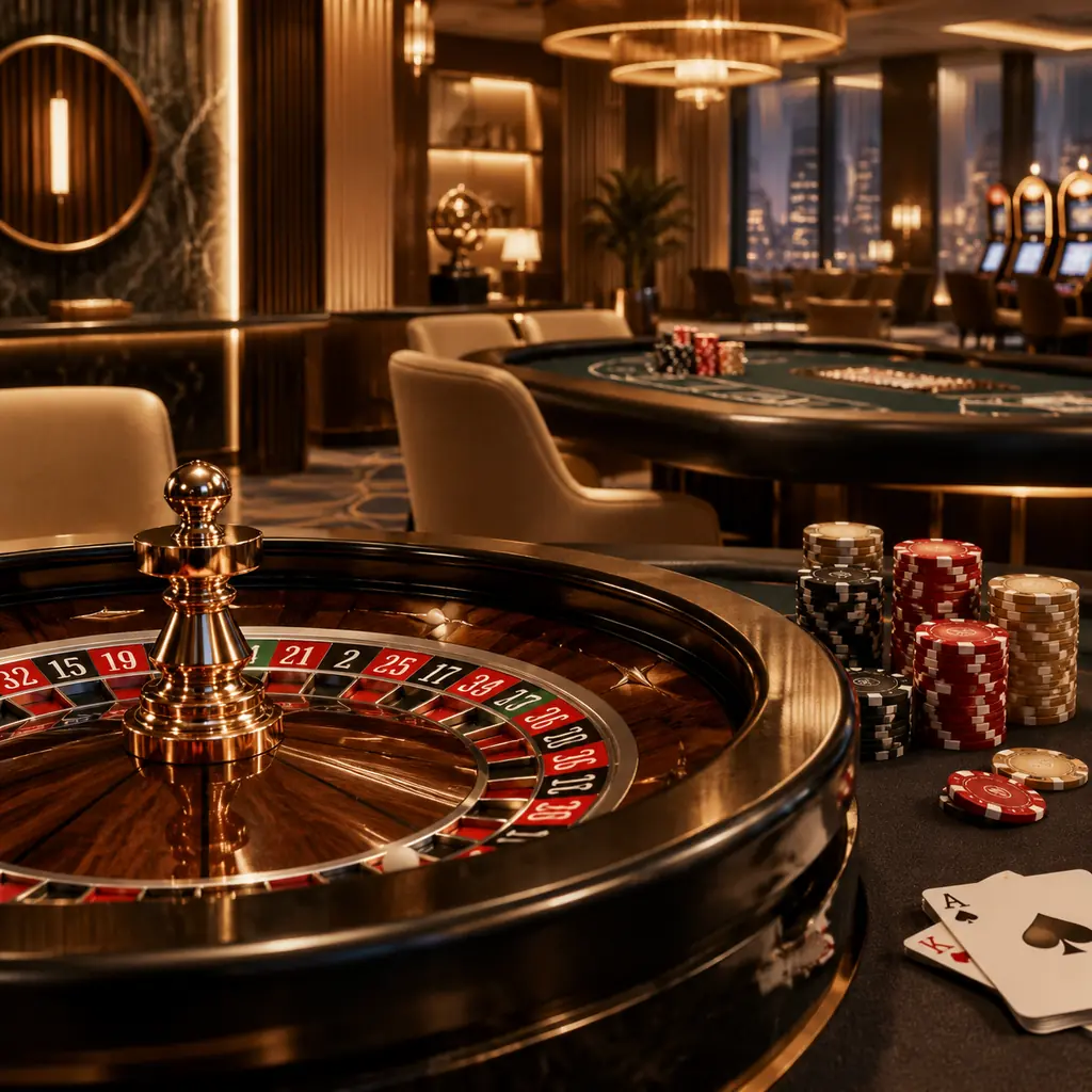 Ruang casino dengan meja roulette dan kartu di bawah pencahayaan hangat