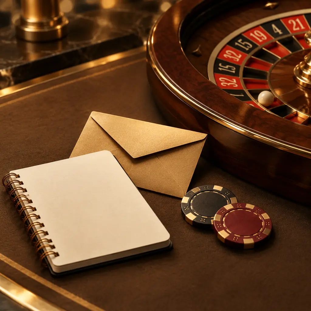 Amplop dan buku catatan di dekat roda roulette dan chip
