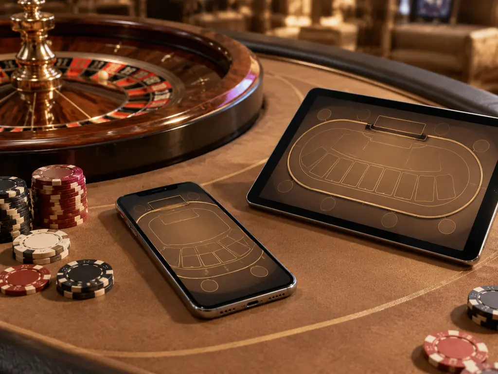 Ponsel dan tablet di samping meja roulette