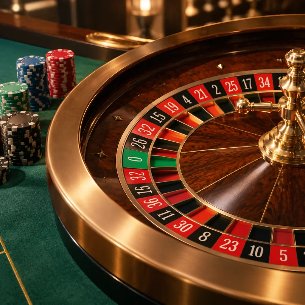 Roda roulette dan tumpukan chip di atas meja casino