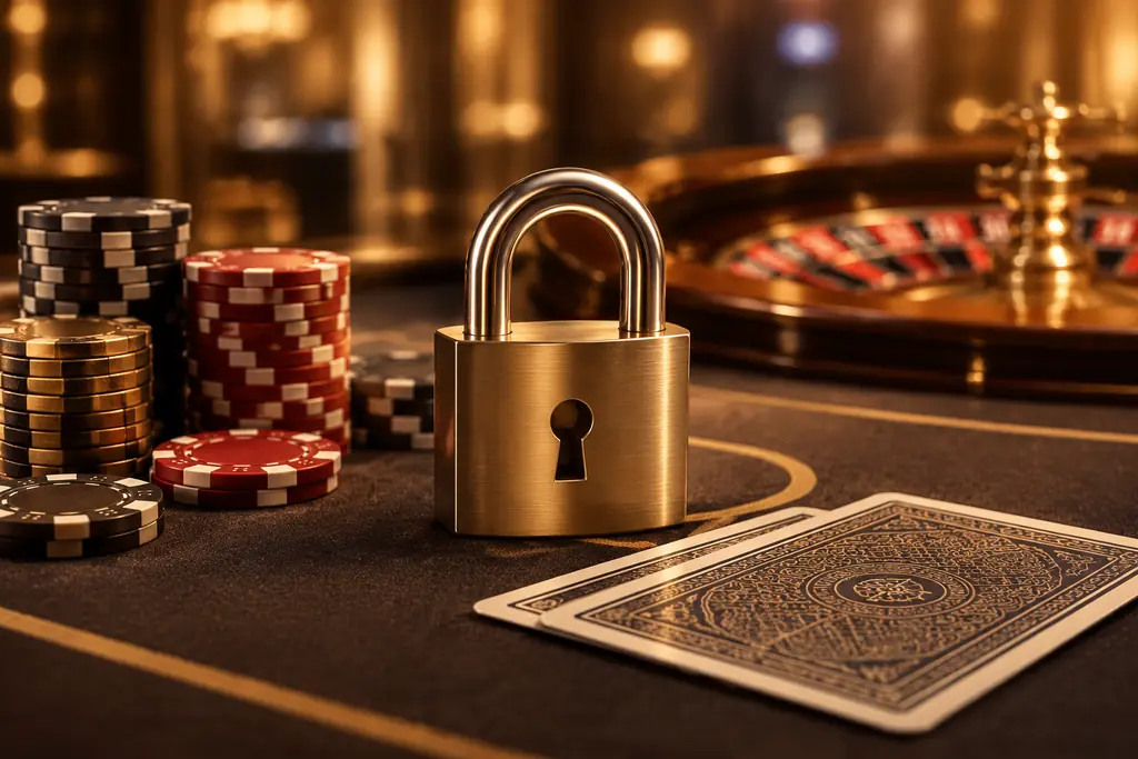 Gembok logam, kartu tertutup, dan chip pada meja casino