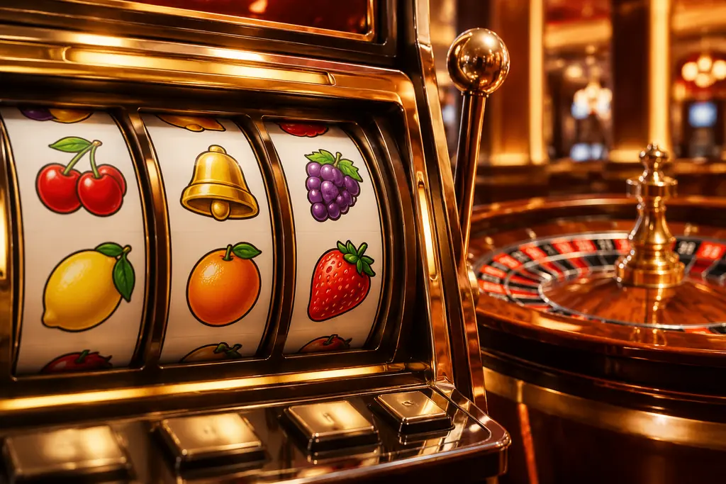 Mesin slot dengan simbol buah dan bagian roda roulette di latar